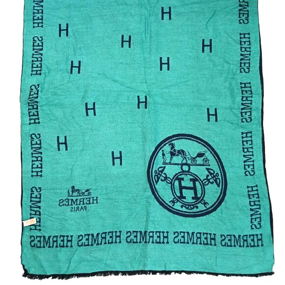 HERMÈS Luxury Vintage Blue & Turquoise H Horse Logo Motif Shawl Wrap Scarf - Picture 1 of 16